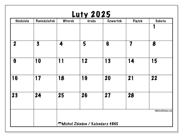 Kalendarz luty 2025 “48”. Darmowy program do druku.. Od niedzieli do soboty