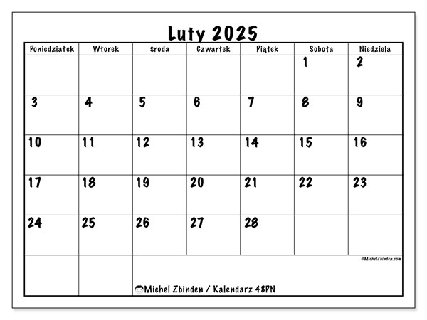 Kalendarz luty 2025 “48”. Darmowy plan do druku.. Od poniedziałku do niedzieli