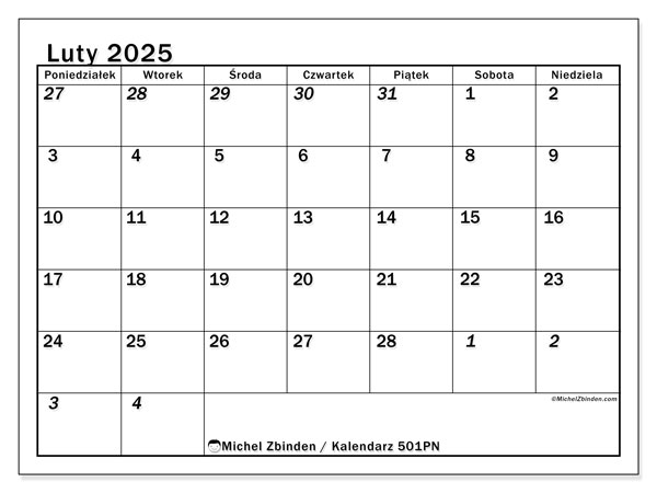Kalendarz luty 2025 “501”. Darmowy kalendarz do druku.. Od poniedziałku do niedzieli