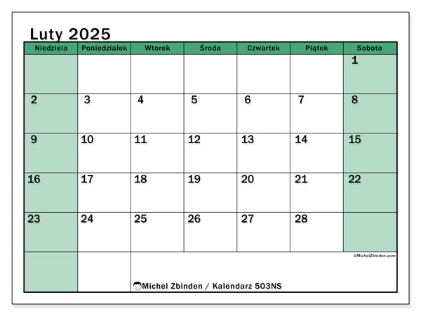 Kalendarz luty 2025 “503”. Darmowy plan do druku.. Od niedzieli do soboty