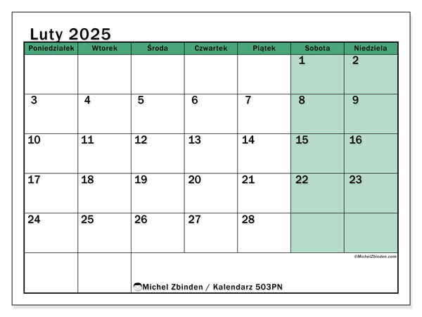 Kalendarz luty 2025 “503”. Darmowy plan do druku.. Od poniedziałku do niedzieli