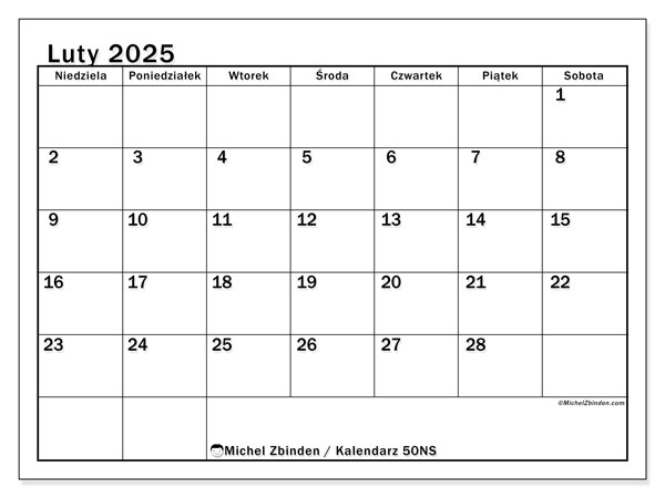Kalendarz luty 2025 “50”. Darmowy plan do druku.. Od niedzieli do soboty