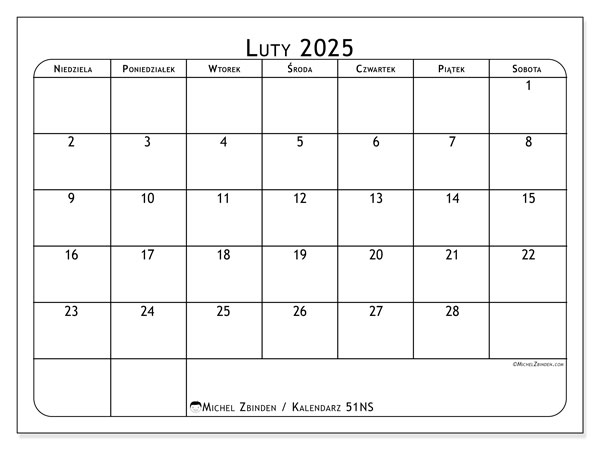 Kalendarz luty 2025 “51”. Darmowy terminarz do druku.. Od niedzieli do soboty