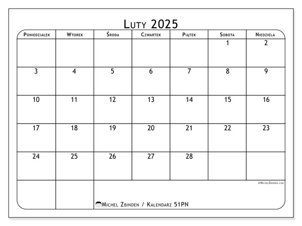 Kalendarz luty 2025, 51PN. Darmowy plan do druku.
