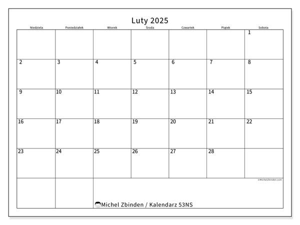 Kalendarz luty 2025 “53”. Darmowy program do druku.. Od niedzieli do soboty