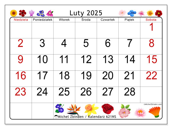 Kalendarz luty 2025 “621”. Darmowy terminarz do druku.. Od niedzieli do soboty