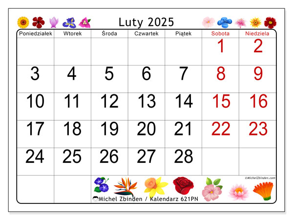 Kalendarz luty 2025 “621”. Darmowy plan do druku.. Od poniedziałku do niedzieli