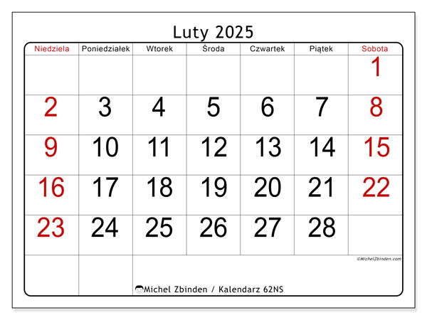 Kalendarz luty 2025 “62”. Darmowy plan do druku.. Od niedzieli do soboty