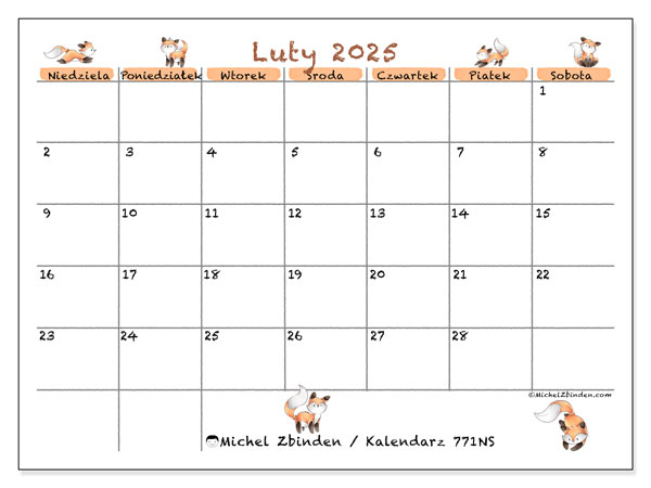 Kalendarz luty 2025 “771”. Darmowy terminarz do druku.. Od niedzieli do soboty