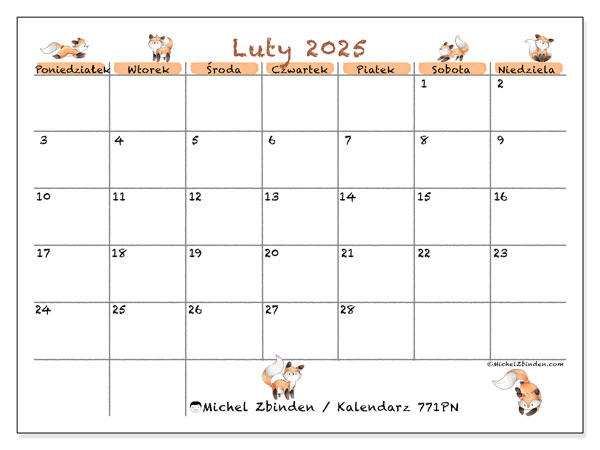 Kalendarz luty 2025 “771”. Darmowy terminarz do druku.. Od poniedziałku do niedzieli