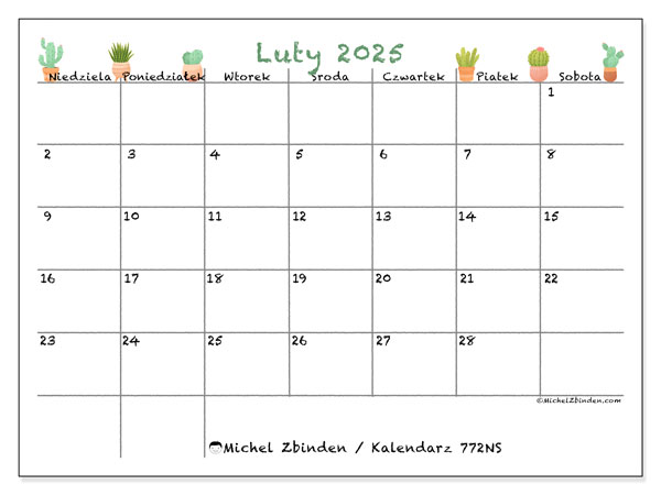 Kalendarz luty 2025 “772”. Darmowy program do druku.. Od niedzieli do soboty