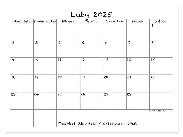Kalendarz luty 2025 “77”. Darmowy terminarz do druku.. Od niedzieli do soboty