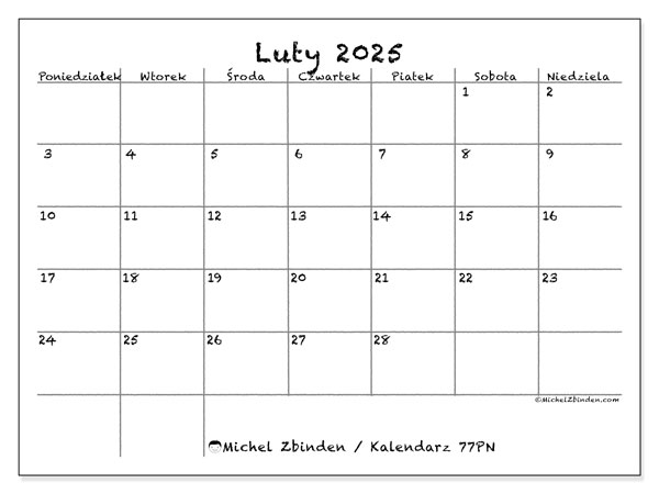 Kalendarz luty 2025 “77”. Darmowy plan do druku.. Od poniedziałku do niedzieli
