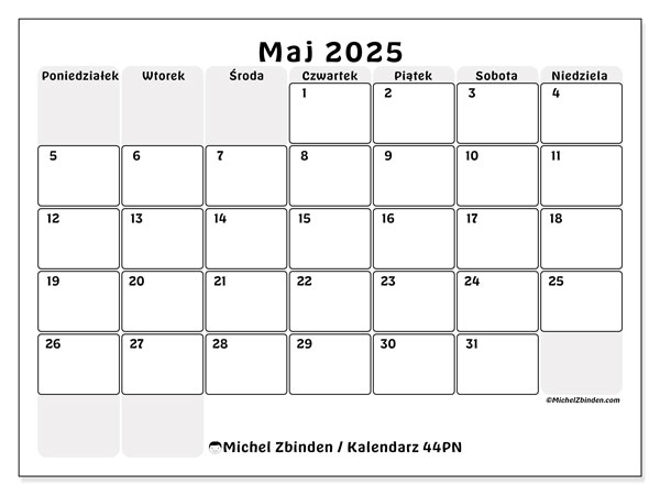 Kalendarz maj 2025 “44”. Darmowy plan do druku.. Od poniedziałku do niedzieli