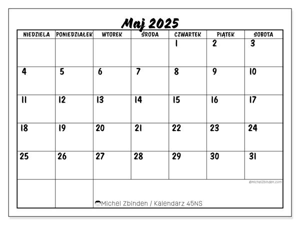 Kalendarz do druku, maj 2025, 45NS