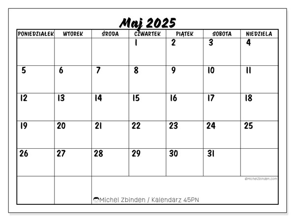 Kalendarz do druku, maj 2025, 45PN