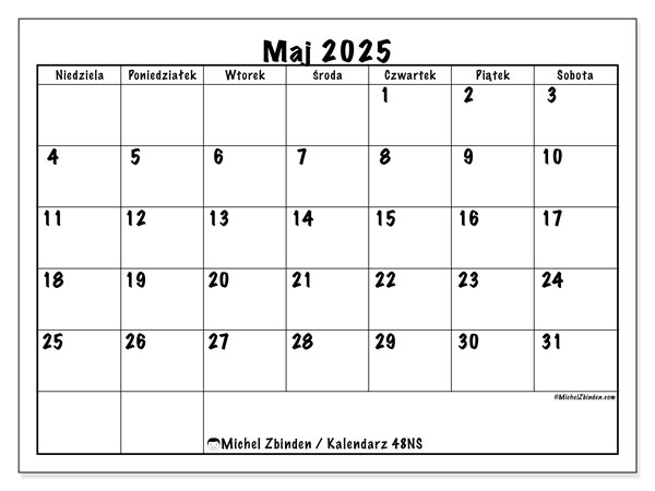 Kalendarz do druku, maj 2025, 48NS