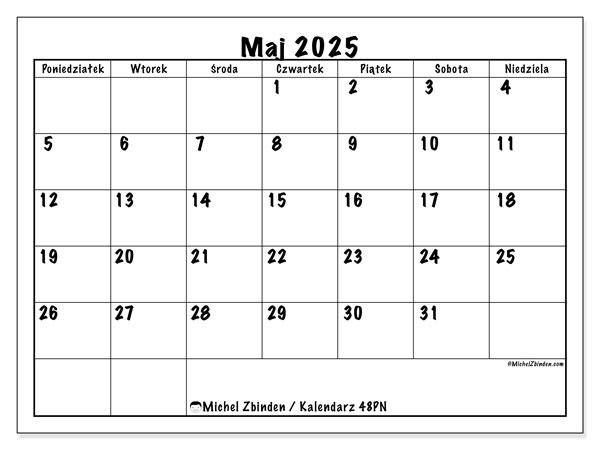 Kalendarz do druku, maj 2025, 48PN