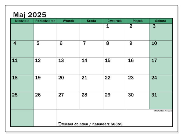 Kalendarz do druku, maj 2025, 503NS
