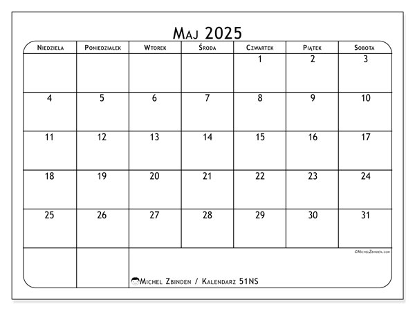Kalendarz do druku, maj 2025, 51NS
