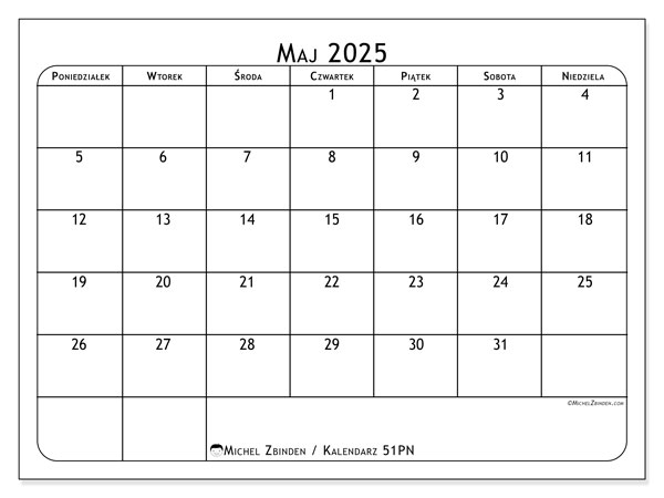 Kalendarz do druku, maj 2025, 51PN