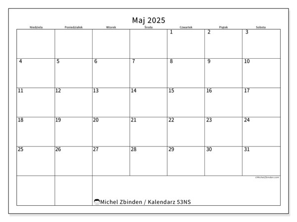 Kalendarz maj 2025 “53”. Darmowy kalendarz do druku.. Od niedzieli do soboty