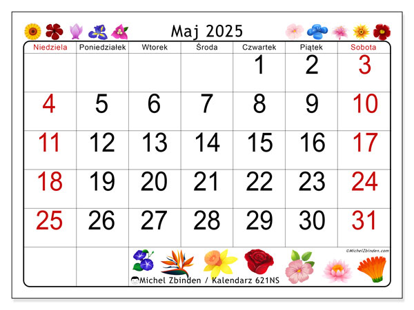 Kalendarz do druku, maj 2025, 621NS