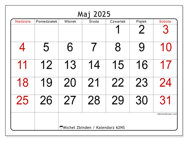 Kalendarz do druku, maj 2025, 62NS