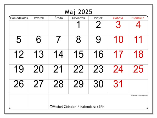 Kalendarz do druku, maj 2025, 62PN