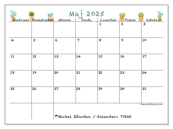 Kalendarz do druku, maj 2025, 772NS