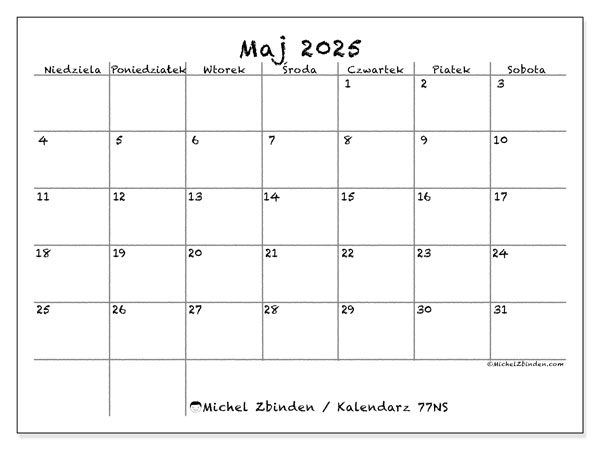 Kalendarz maj 2025 “77”. Darmowy dziennik do druku.. Od niedzieli do soboty