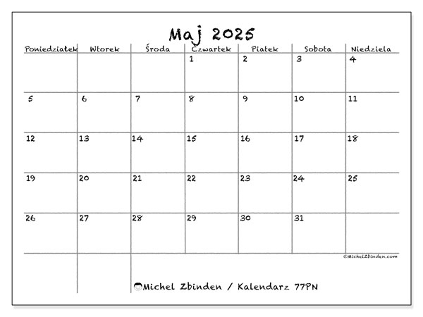 Kalendarz maj 2025 “77”. Darmowy dziennik do druku.. Od poniedziałku do niedzieli