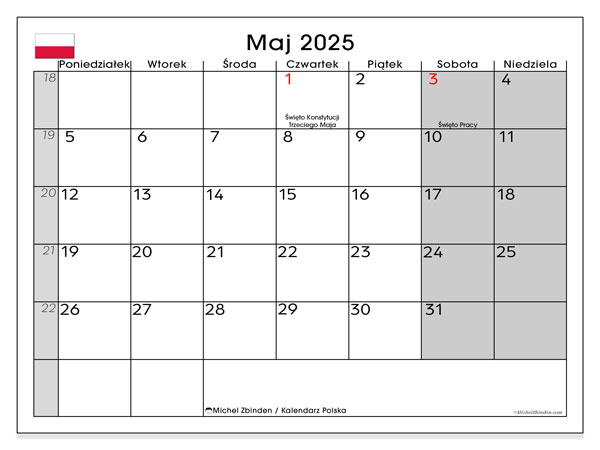 Kalender zum Ausdrucken, Mai 2025, Polen