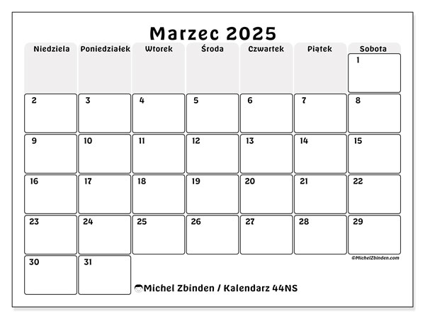 Kalendarz marzec 2025, 44NS. Darmowy kalendarz do druku.