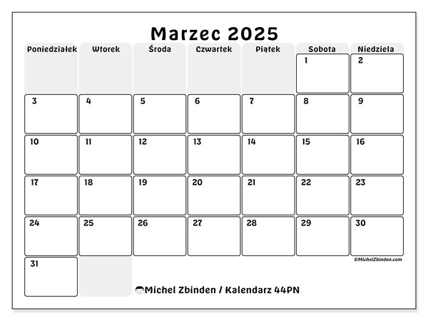 Kalendarz marzec 2025 “44”. Darmowy terminarz do druku.. Od poniedziałku do niedzieli