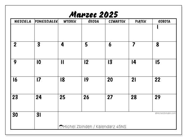 Kalendarz marzec 2025 “45”. Darmowy plan do druku.. Od niedzieli do soboty
