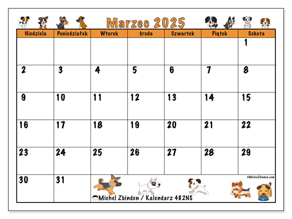 Kalendarz marzec 2025 “482”. Darmowy dziennik do druku.. Od niedzieli do soboty