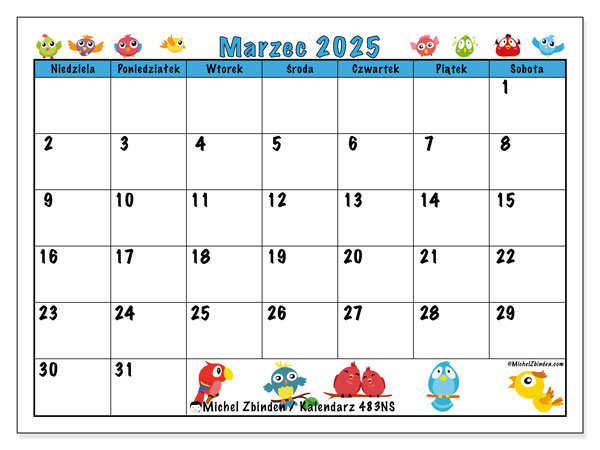 Kalendarz marzec 2025 “483”. Darmowy kalendarz do druku.. Od niedzieli do soboty