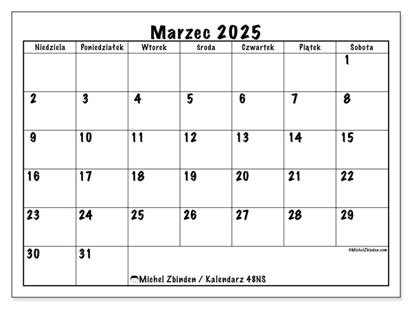 Kalendarz marzec 2025 “48”. Darmowy plan do druku.. Od niedzieli do soboty