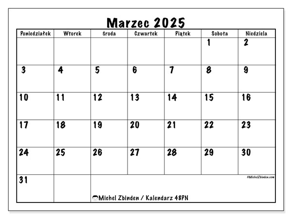 Kalendarz marzec 2025 “48”. Darmowy plan do druku.. Od poniedziałku do niedzieli