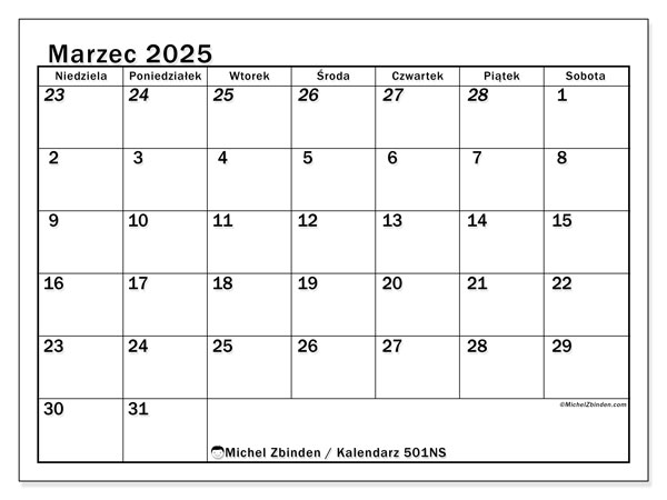 Kalendarz marzec 2025 “501”. Darmowy terminarz do druku.. Od niedzieli do soboty
