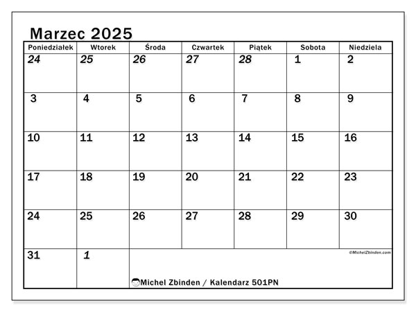 Kalendarz marzec 2025 “501”. Darmowy terminarz do druku.. Od poniedziałku do niedzieli