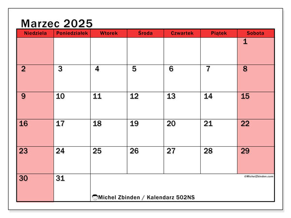 Kalendarz marzec 2025 “502”. Darmowy kalendarz do druku.. Od niedzieli do soboty