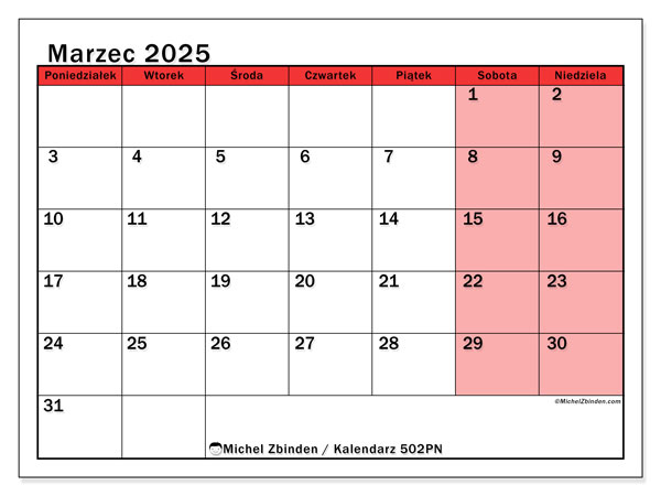Kalendarz marzec 2025 “502”. Darmowy dziennik do druku.. Od poniedziałku do niedzieli