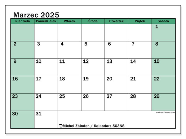 Kalendarz marzec 2025 “503”. Darmowy kalendarz do druku.. Od niedzieli do soboty