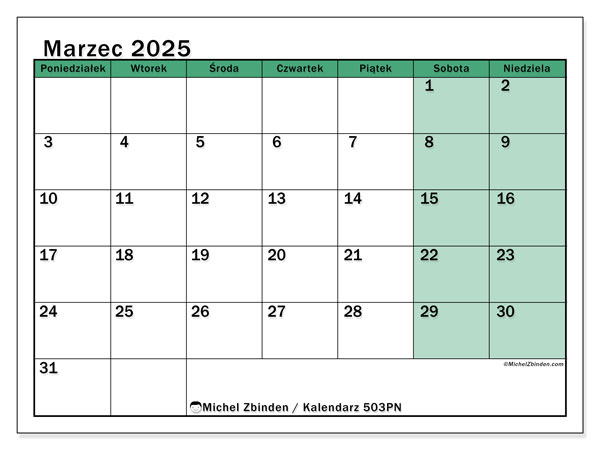 Kalendarz marzec 2025 “503”. Darmowy kalendarz do druku.. Od poniedziałku do niedzieli