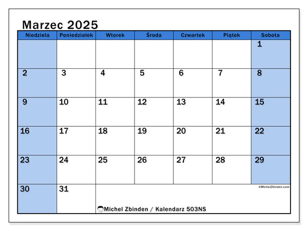 Kalendarz marzec 2025 “504”. Darmowy dziennik do druku.. Od niedzieli do soboty