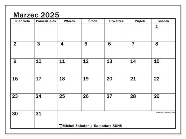 Kalendarz marzec 2025 “50”. Darmowy plan do druku.. Od niedzieli do soboty