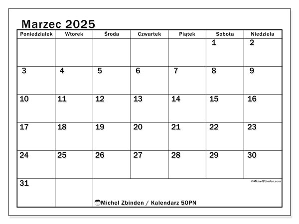 Kalendarz marzec 2025 “50”. Darmowy plan do druku.. Od poniedziałku do niedzieli