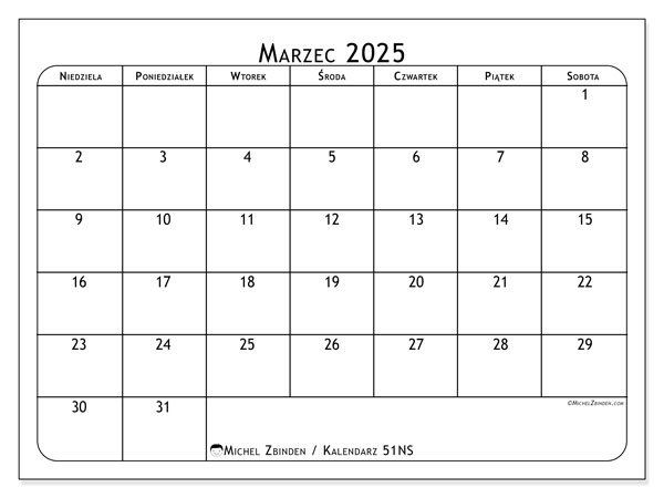 Kalendarz marzec 2025 “51”. Darmowy kalendarz do druku.. Od niedzieli do soboty